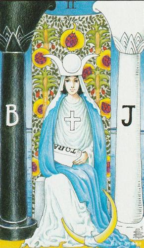 这张塔罗牌为女祭司,是「处女」与「圣母」的原型.