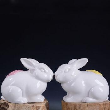 新品德化瓷如意兔子一对风水陶瓷小白兔子工艺品生肖兔客厅摆件福财兔
