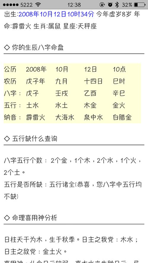 2008年10月12日10点34分出生的女孩五行缺什么=